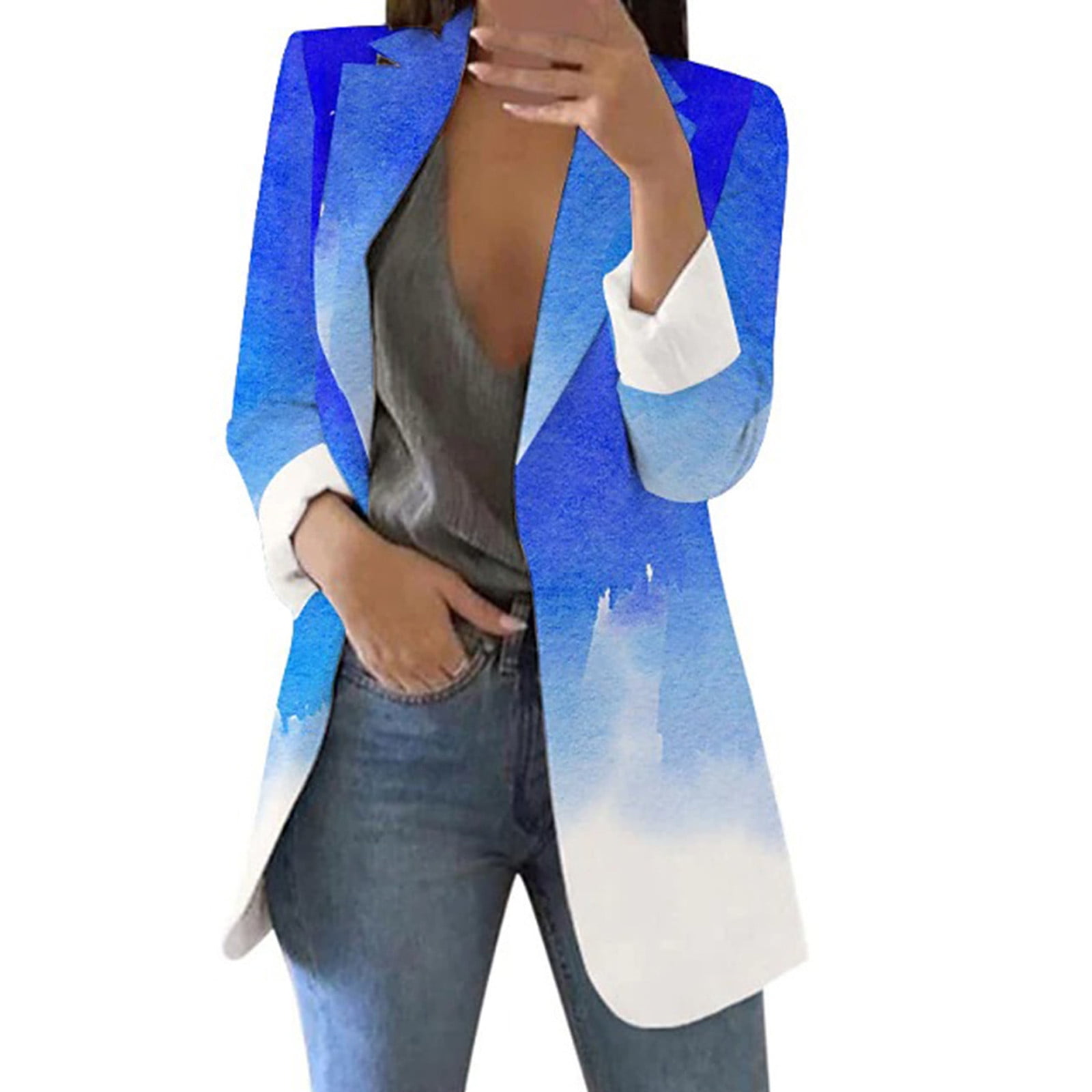 Women Casual Blazer V Neck Leisure Jacket Mid Length Outwear