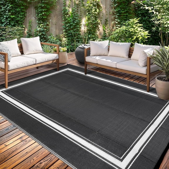 8x10 Indoor Outdoor Rug Patio Non Slip Stain Resistant Modern Geometric Border Black/White