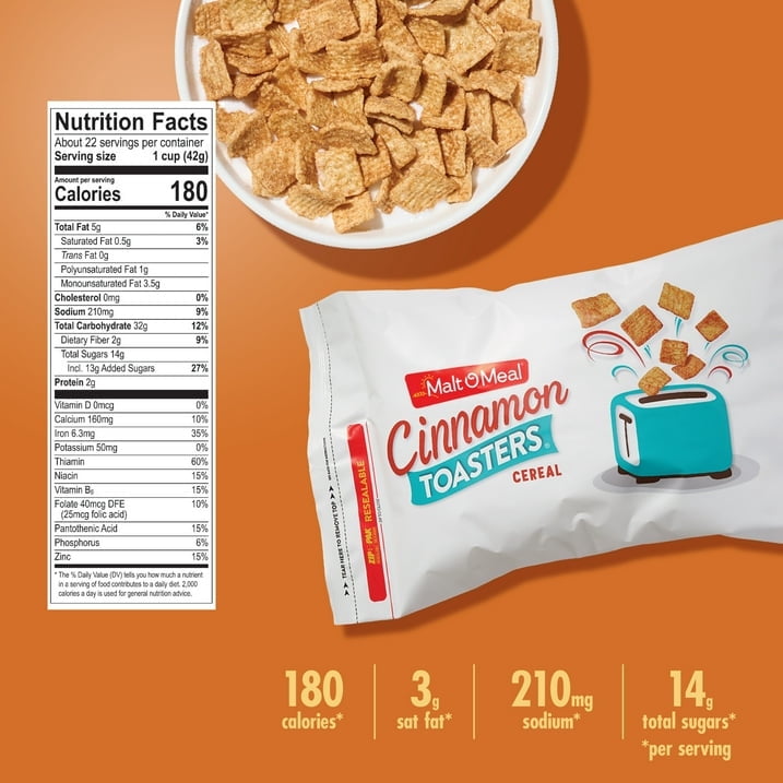 Malt-O-Meal Cinnamon Toasters Breakfast Cereal, Oven-Puffed Cinnamon Cereal Squares, Large Cereal for Family, 33 OZ Resealable Cereal Bag