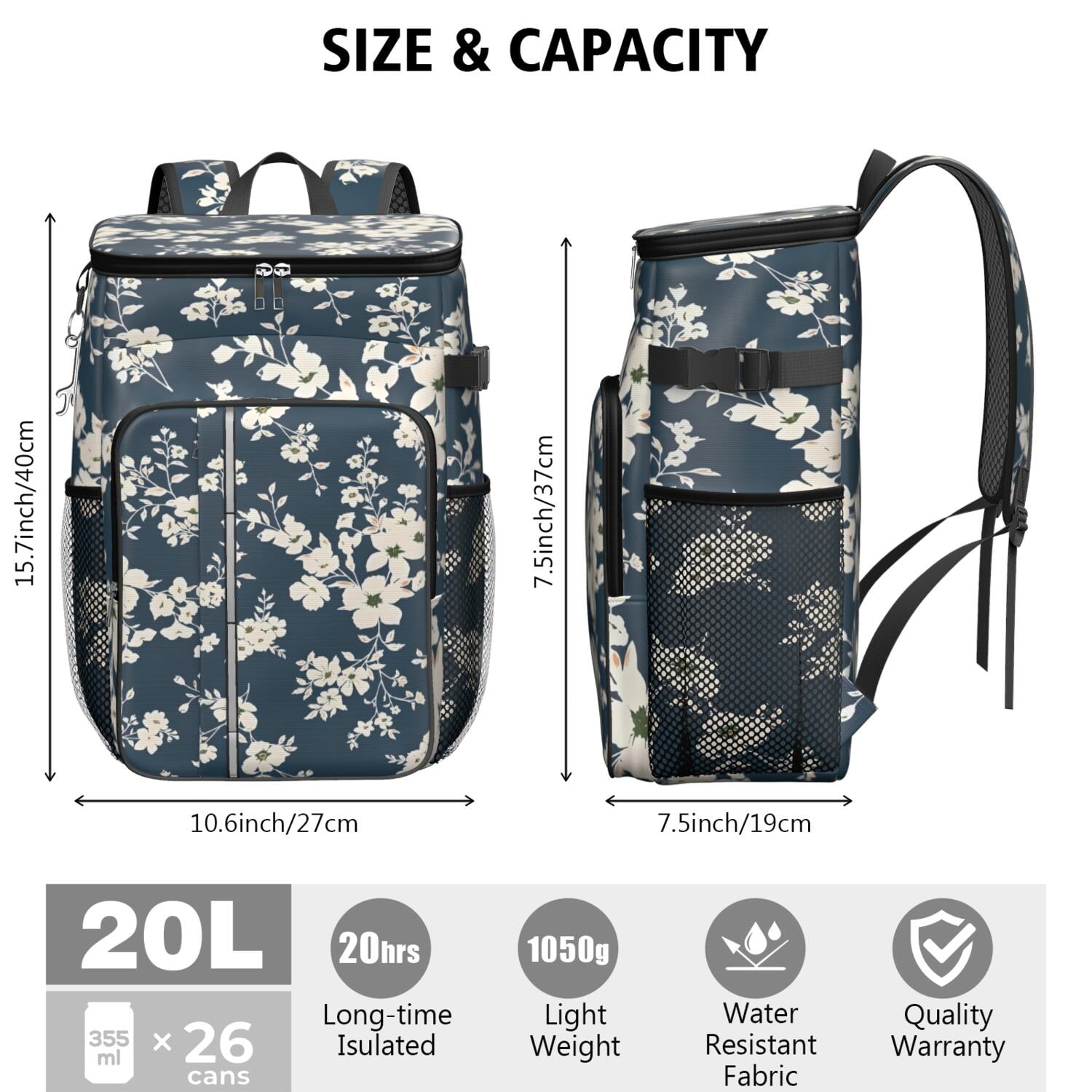 Travel Cooler Bag - Pioneer Flower Floral Print Pattern Camping Beer Cooler Backpack with Bottle Opener- Waterproof Insulated Picnic Backpacks - Cooler Bag for Beach