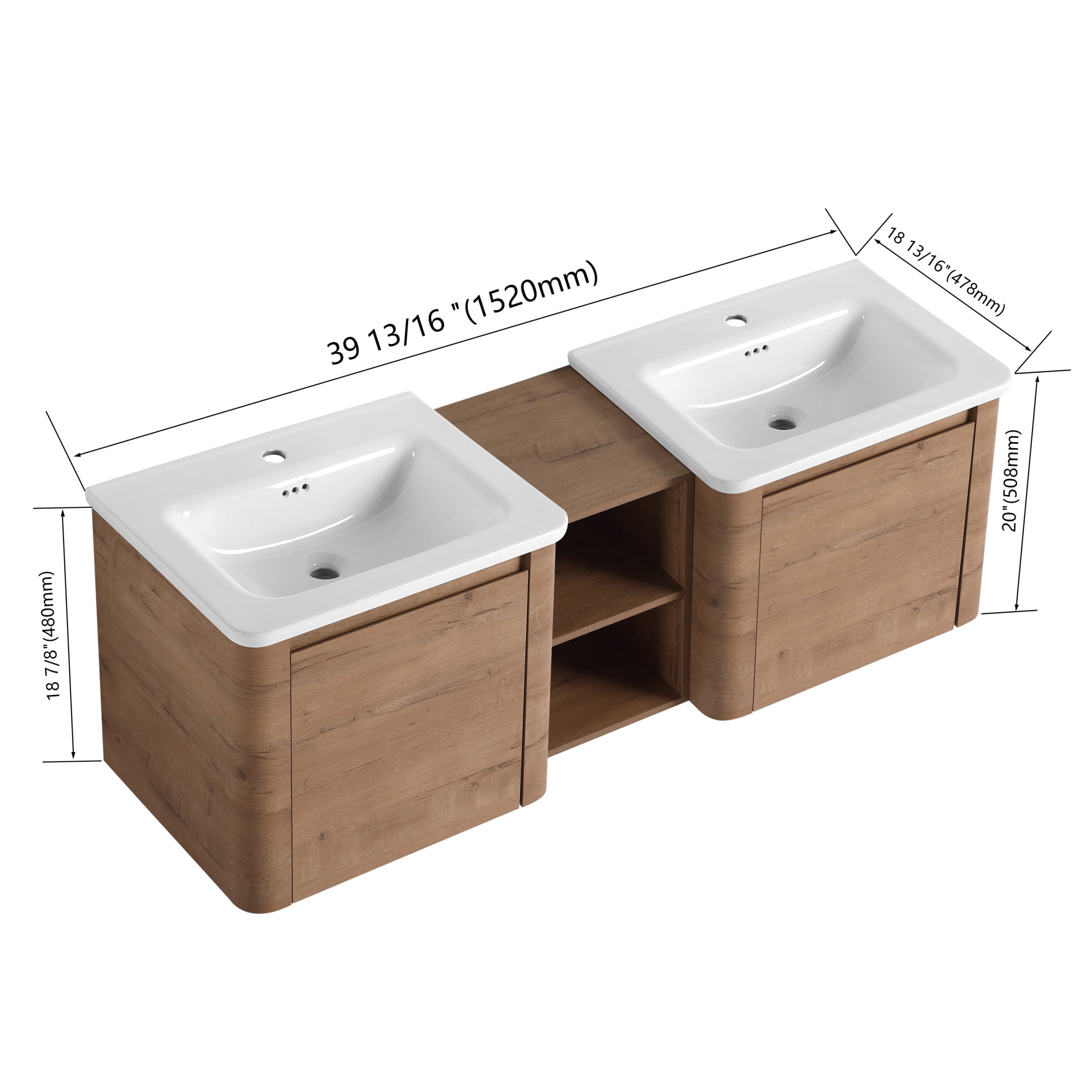 Noble House 60" Floating Bathroom Vanity, White Ceramic Sink, Soft-Close Door, Rounded Corners, Shelves, Imitative Oak