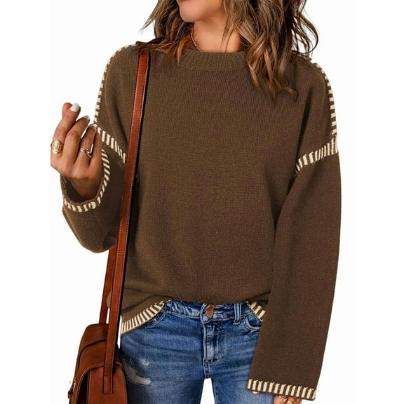 Sweaters for Women Solid Crewneck Loose Fit Long Sleeve Contrast Cable Knit Pullover Sweater Jumper Tops Brown XXL