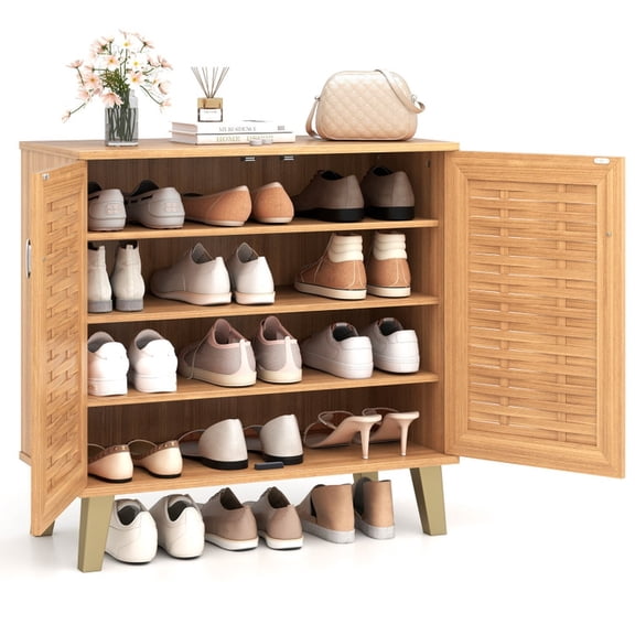 Furnibear 2-Door 4-Tier Shoe Cabinet Storage Organizer with Ventilated Woven Doors for Entryway Hallway Closet Shoe Rack, Teak