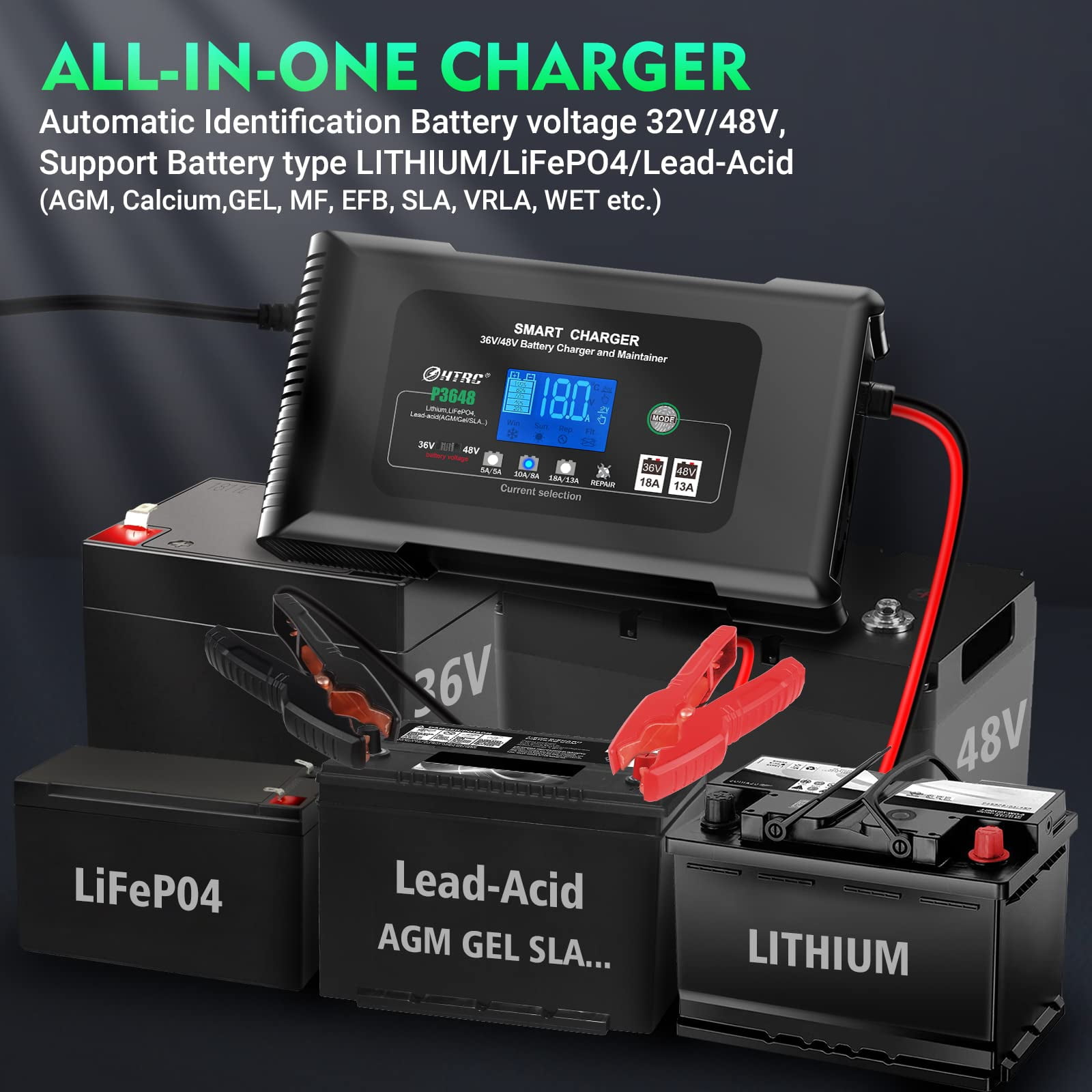 Car Battery Charger 18 Amp Automatic Smart Charger, 36V/18A 48V/13A, for Lead Acid (AGM/Gel/SLA)/LiFePO4 Trickle Charger, Pulse Repair Car Battery Charger, Deep Cycle Battery Charger