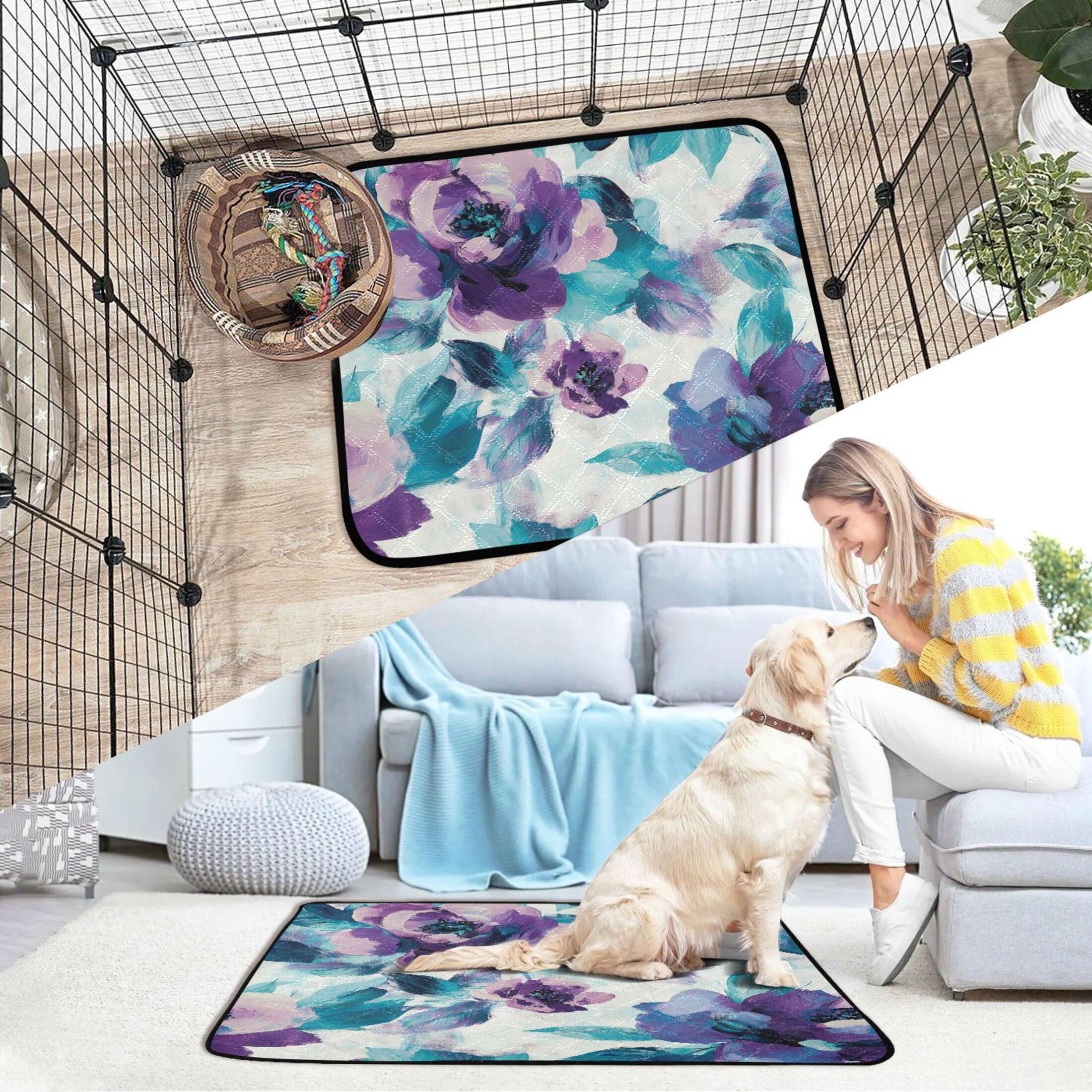 Qxltty Purple Green Flora Cat litter Pads Pet Set of 3 Diaper Mats Center Anti-leakage Layer Absorbent Soft and Comfortable
