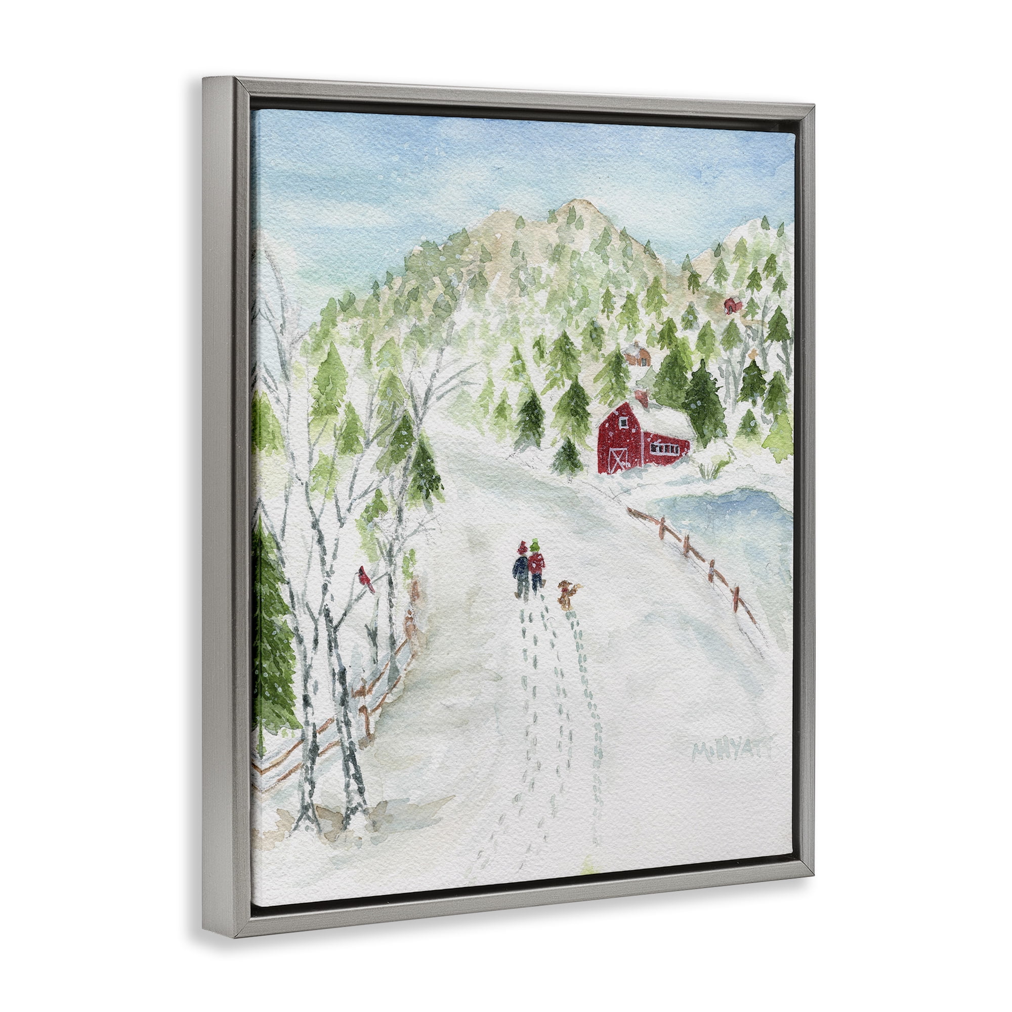 Stupell Industries Steps in Country Snow Holiday Painting Gray Floater Framed Art Print Wall Art, 17 x 21