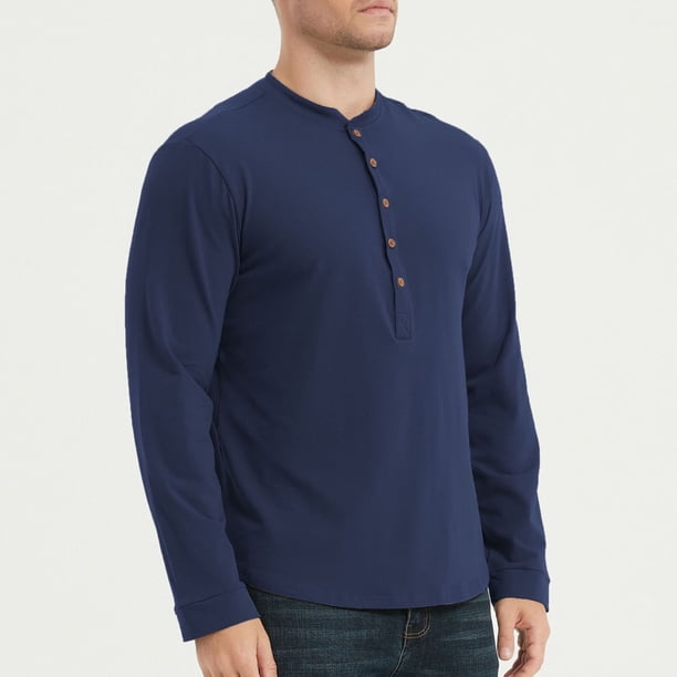 pstuiky Camisas casuales de manga larga para hombre, Camisa informal de color liso con botones y cuello redondo y manga larga para hombre Tops de hombre xl