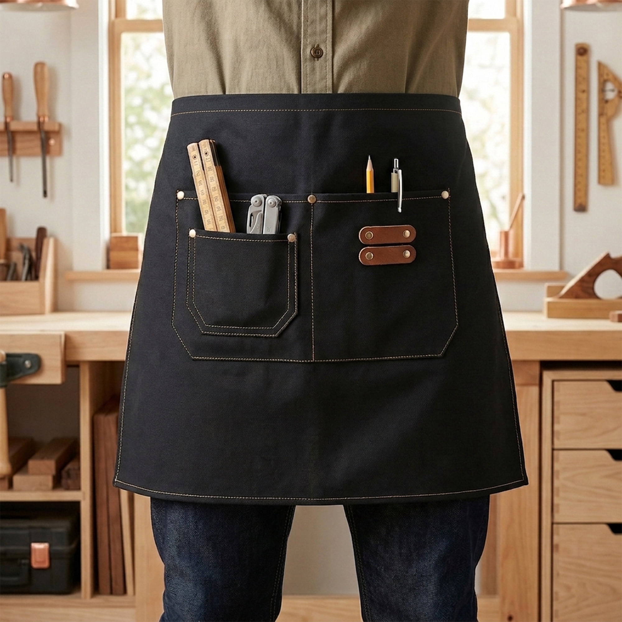 Unique Bargains Water-resistant Kitchen Apron with Pockets for Home and Kitchen Black