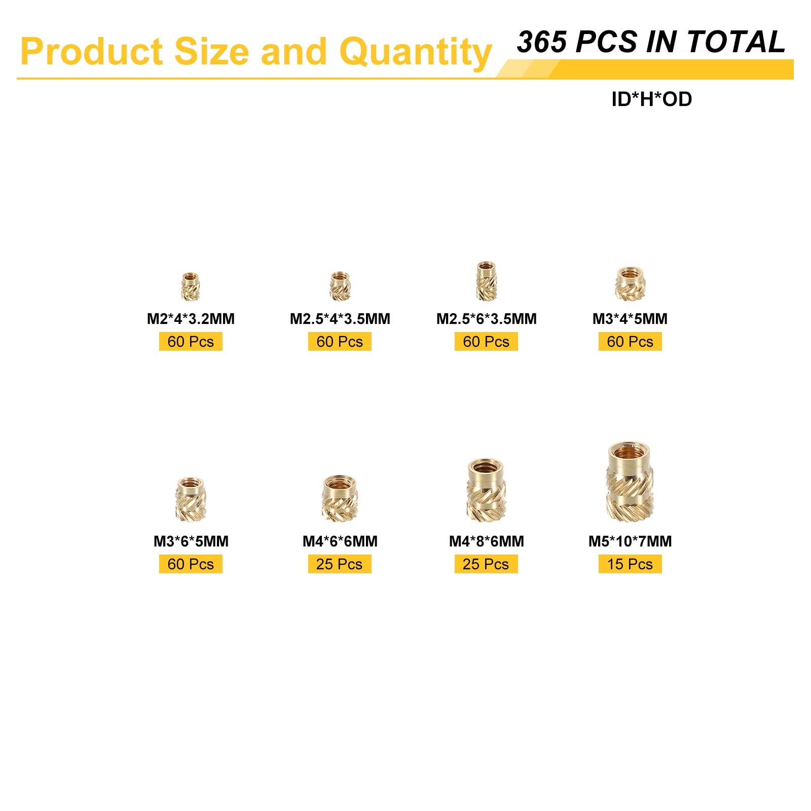 Uxcell 365pcs M2 M2.5 M3 M4 M5 Metric Threaded Inserts Brass Heat Set Insert Knurled Nuts Assortment Kit, 3D Printing Brass Nuts Female Threaded Inserts Nuts with Heat Set Insert Tips