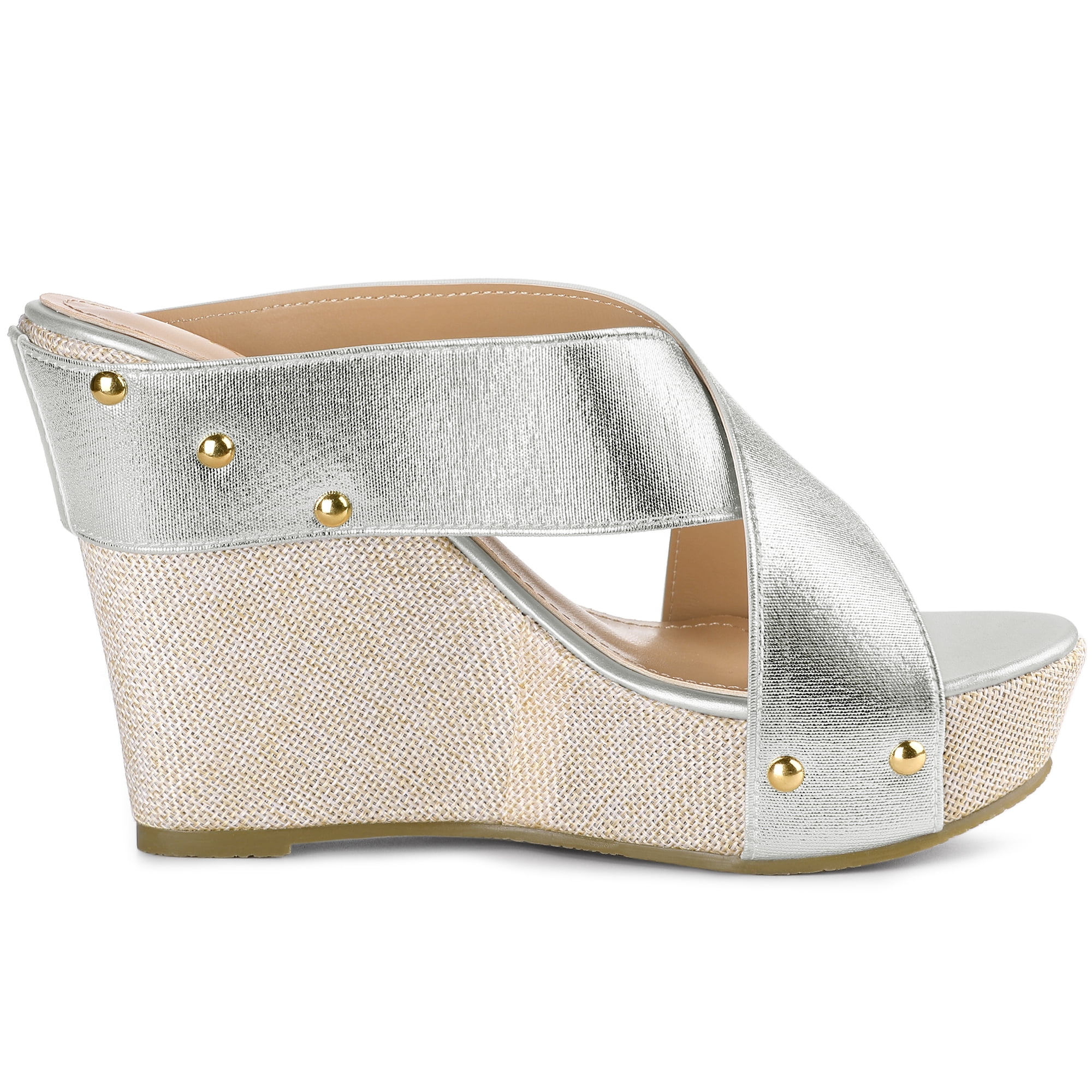 DARING DIVA Women's Stylish Open Toe Linen Platform Slide Wedge Sandals Silver 7.5