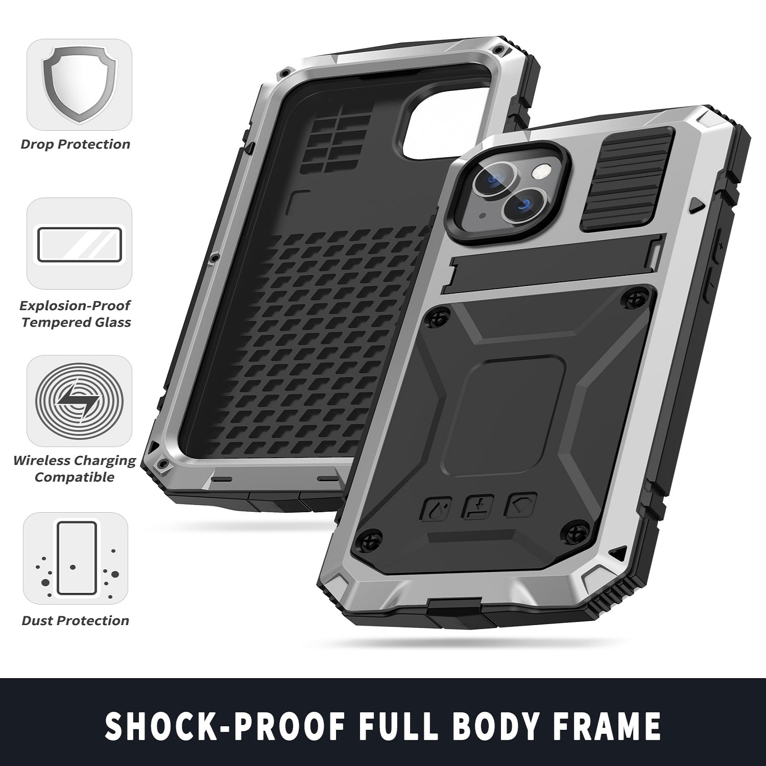 ELEHOLD for iPhone 14 6.1 Inch 2022 Case, Heavy Duty Armor Built-in Explosion-Proof Tempered Glass Screen Protector Wireless Charging Hang Rope Hidden Kickstand Shockproof Rugged Case,Silver