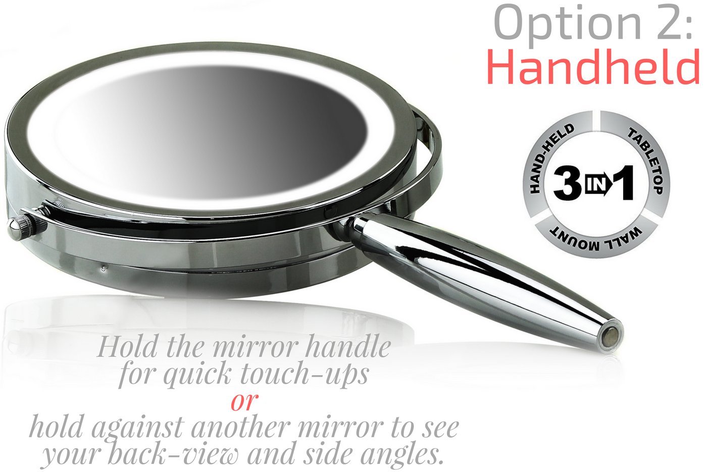 OVENTE 7'' Lighted Makeup Mirror with 1X/8X Magnification, Cordless Multi-Functional Round Vanity Mirror with 360° Swivel Design, Double Sided and Three Toned LED Lights, Polished Chrome MFM70CH1X8X