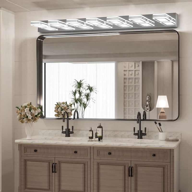 45" Modern Chrome 7-Light LED Vanity Light with Square Acrylic Shades, Hardwired Wall Mount Bathroom Lighting Fixture for Mirror, Powder Room, or Bedroom Décor