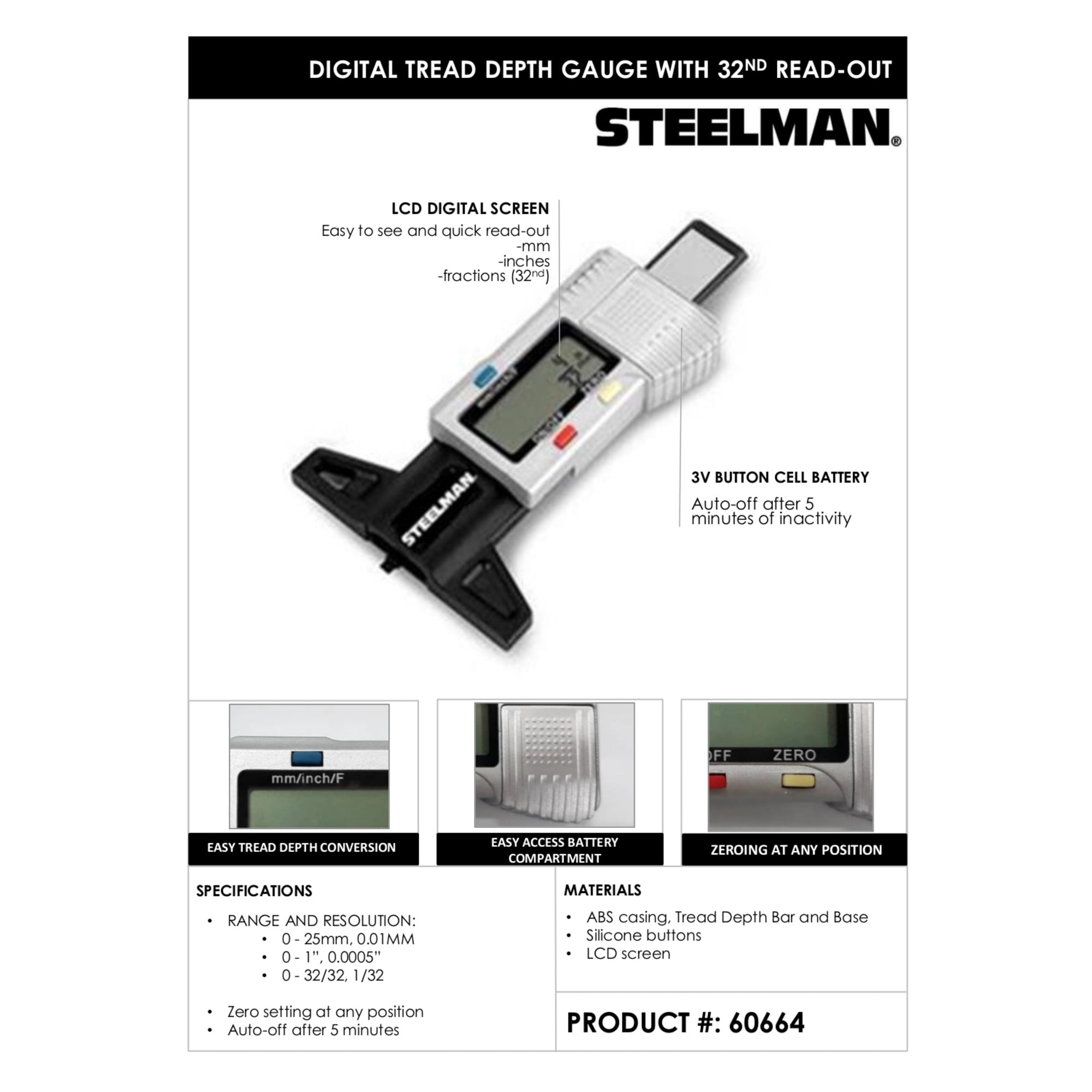 Metric and SAE units STEELMAN 60664 Digital Tread Depth Gauge