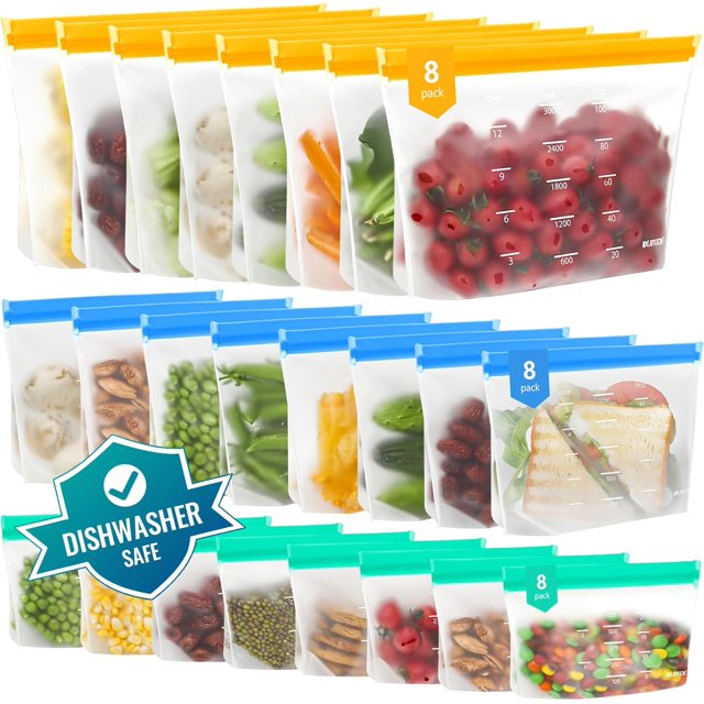 IDEATECH Sacs de Congélation Réutilisables, Lot de 24, Très Grands, Étanches, en Silicone, Sans BPA, Famille, Autoportants, Petits Sacs de Rangement pour Aliments, Gallon, Enfants, Pochette en Plastique pour Sandwich, Soupe, Collation, Viande