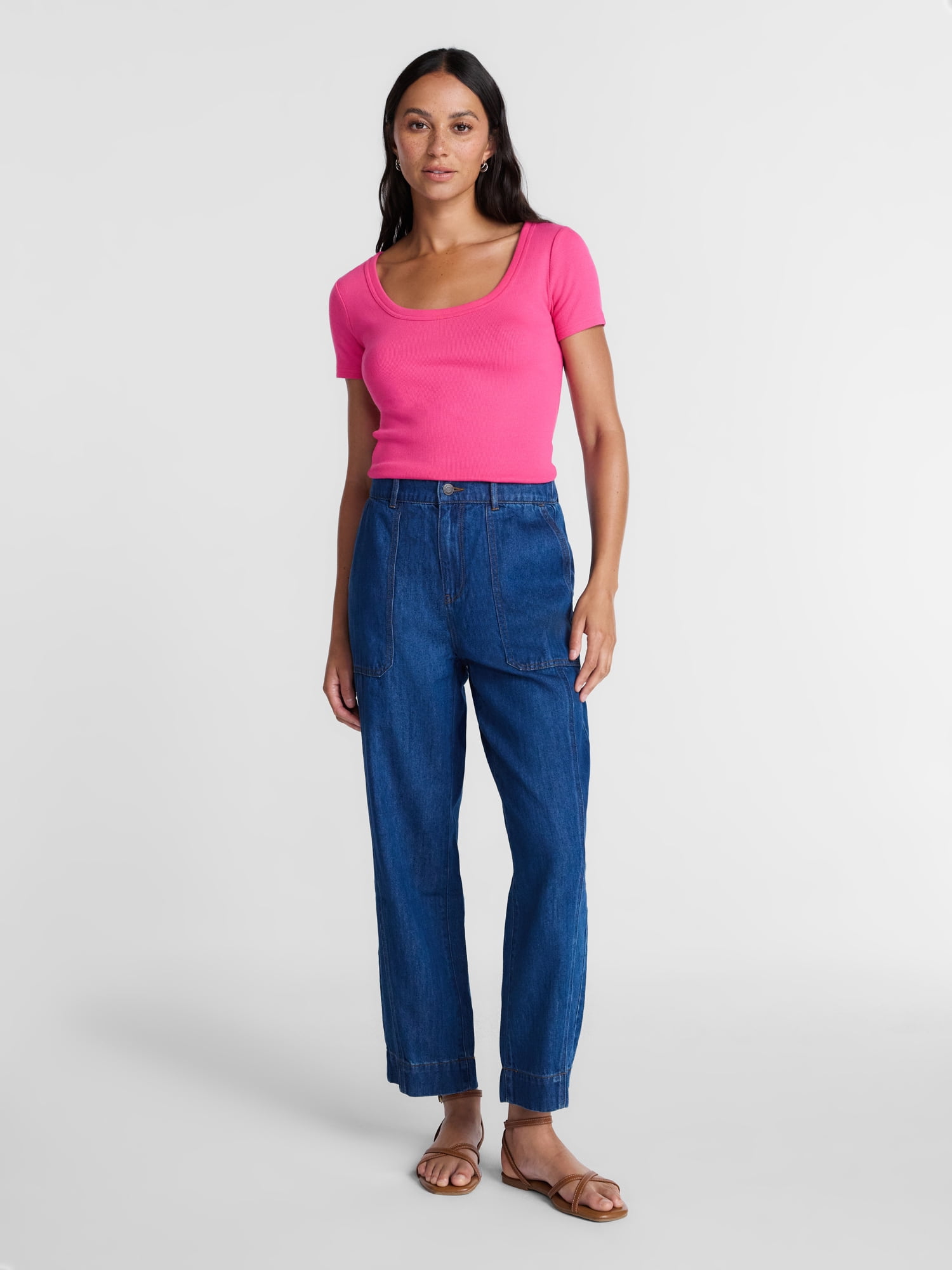 Time and Tru Women's Ribbed Scoop Neck Tee with Short Sleeves, Sizes XS-XXXL
