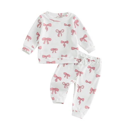 

Baby Girl Clothes Cute Bow Print Long Sleeve Sweatshirt Pants Set Waffle Knit Toddler Spring Fall Outfit