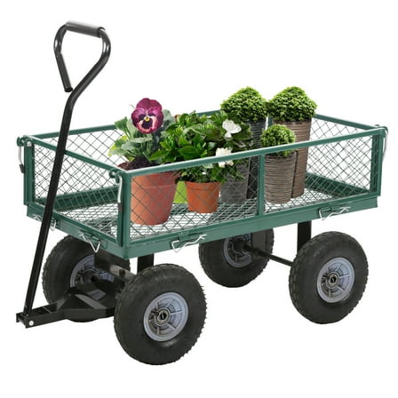 Garden Cart Wagon Heavy Duty 400 Lbs Capacity Mesh Steel Garden Cart Folding Utility Wagon with Removable Sides and All-Terrain Wheels, Green
