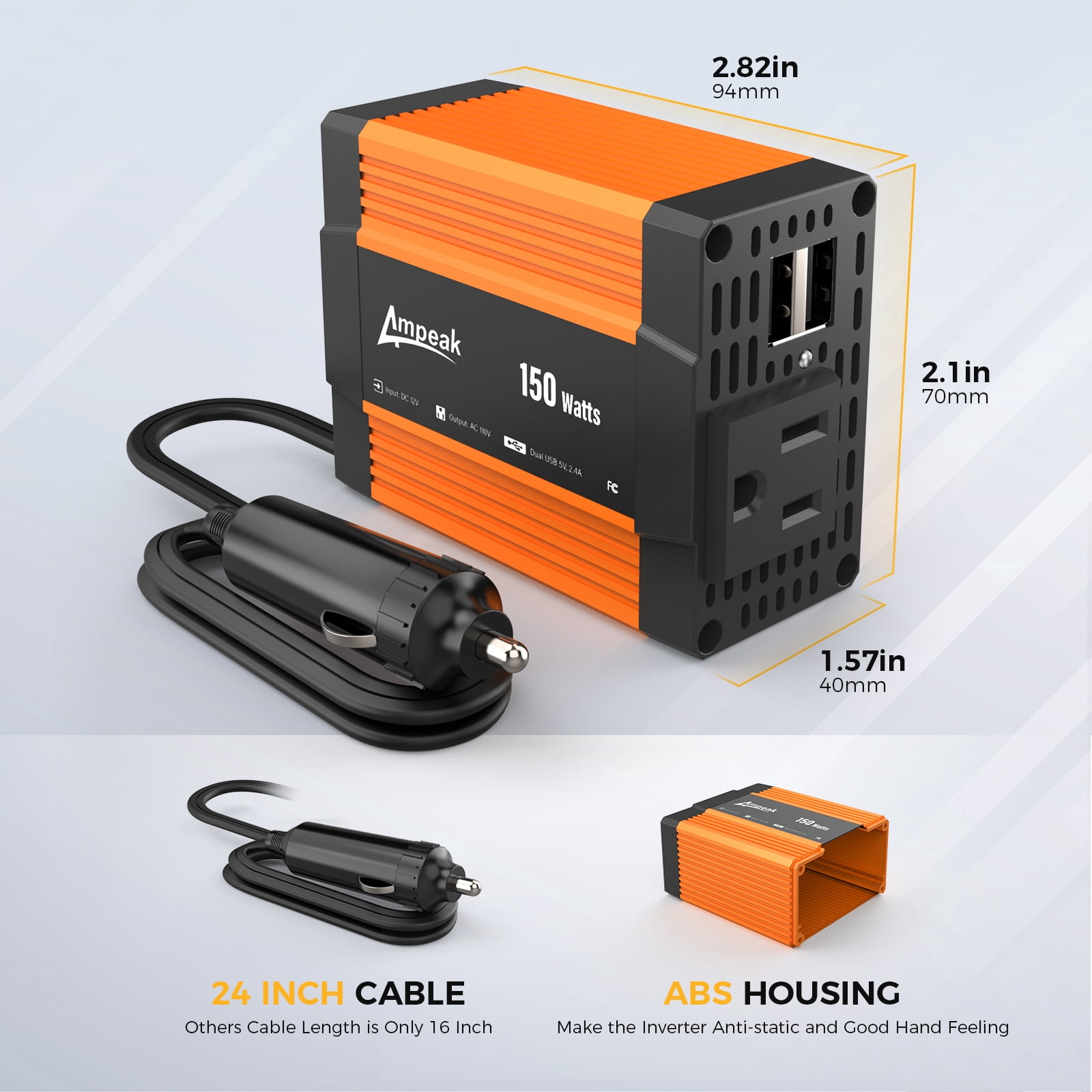 Ampeak 150W Car Power Inverter 11 Safe Charging DC 12V to AC 110V Car Converter 4.8A Dual USB