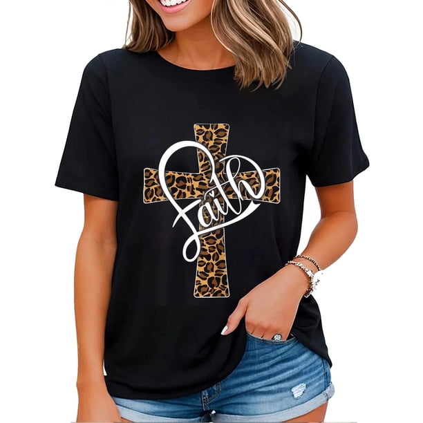 Playera de Mujer Estampado Cruz con Leopardo Fe Cristiana Negra Talla 3X Grande