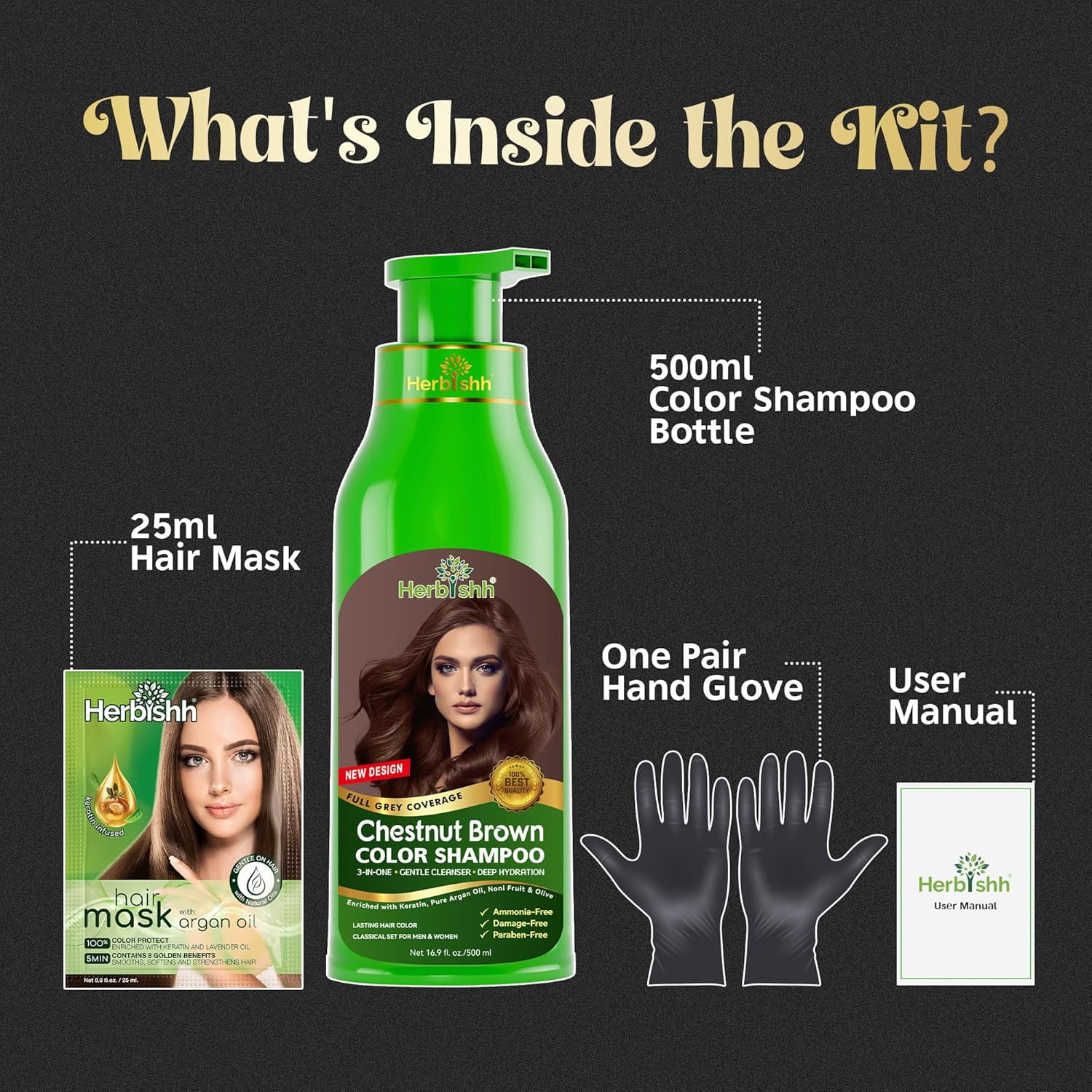 (3 pack) Herbishh Color Shampoo Combo - Hair Color Shampoo Hair Dye 500ml, Argan Oil 30ml Pro Keratin, Argan Hair Mask 100gm For Hair Straightening, Shine And Protection (Chestnut Brown)