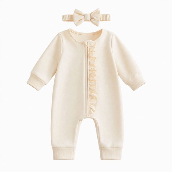 Enyan Infant Baby Girl Fall Outfit Romper Solid Color Frills Ruffle Trim Jumpsuit Bodysuit Newborn Winter Clothes(Size 6-12 Months)