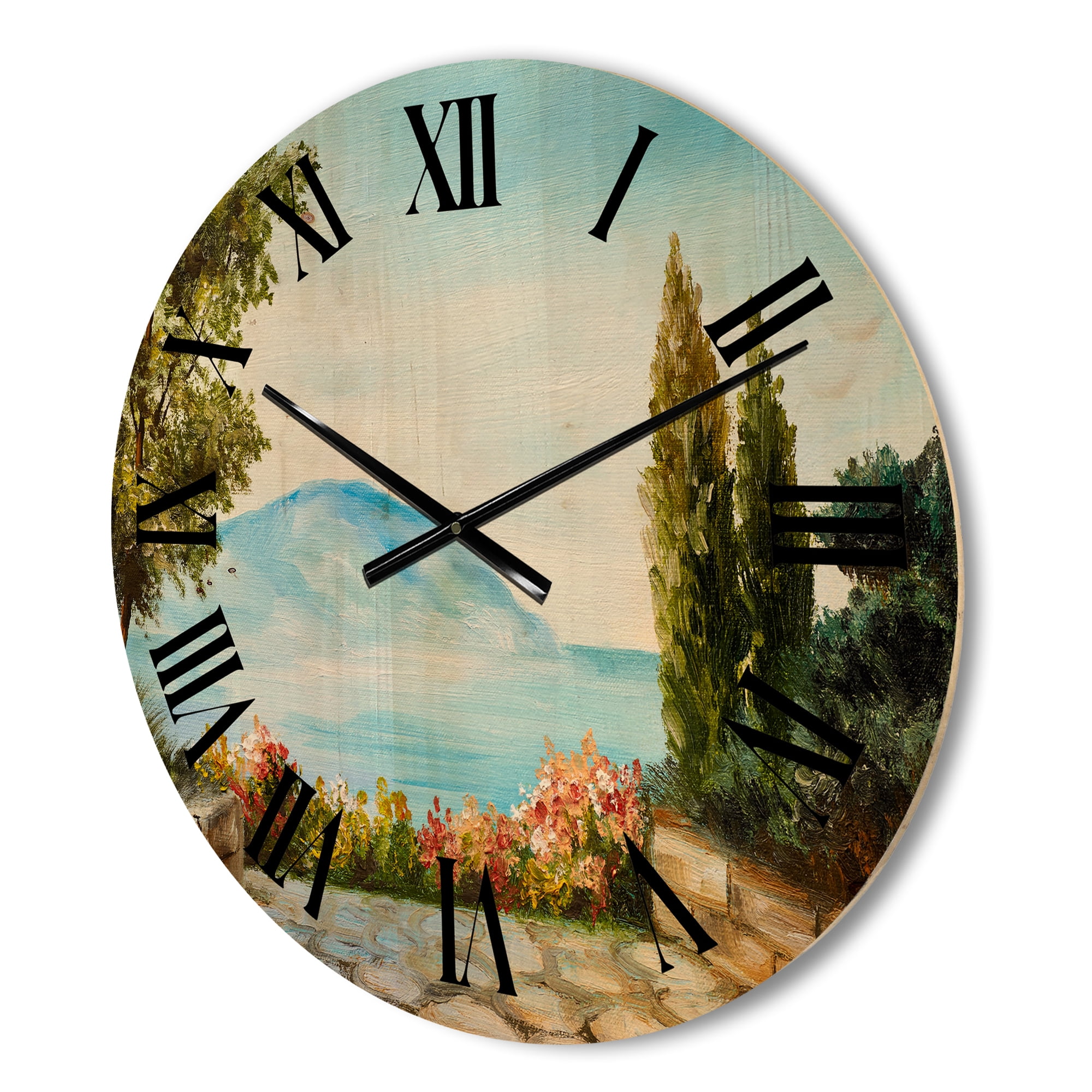 Designart 'Beautiful Mountains View By The Sea Side' Nautical & Coastal Wood Wall Clock