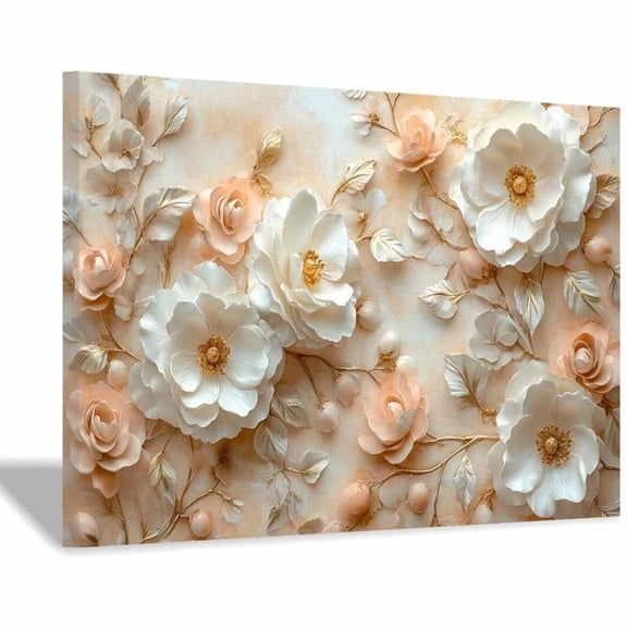 Mudket Light Pink White Rose with Gold Branches Canvas Wall Art, Framed Floral Print, Ready to Hang Wall Decor for Bedroom Living Room, Elegant Textured Artwork - 12"L x 8"W