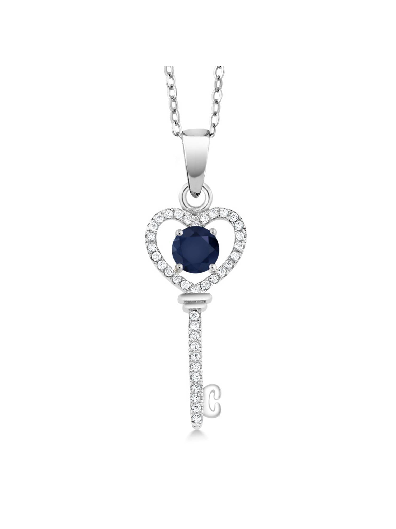 Gem Stone King 1.04 Ct Blue Sapphire 18K Rose Gold Plated Silver Heart Key Pendant 