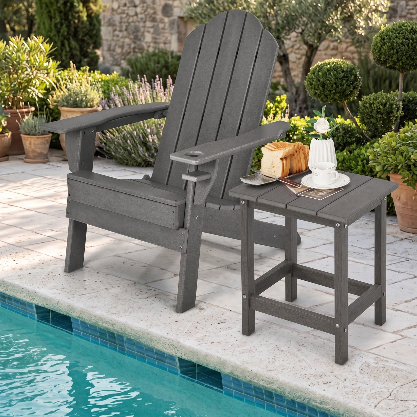 Furnibear Set of 2 14 Inch Square Weather Resistant HDPE Adirondack Side Tables for the Patio Porch Deck and Garden, Gray
