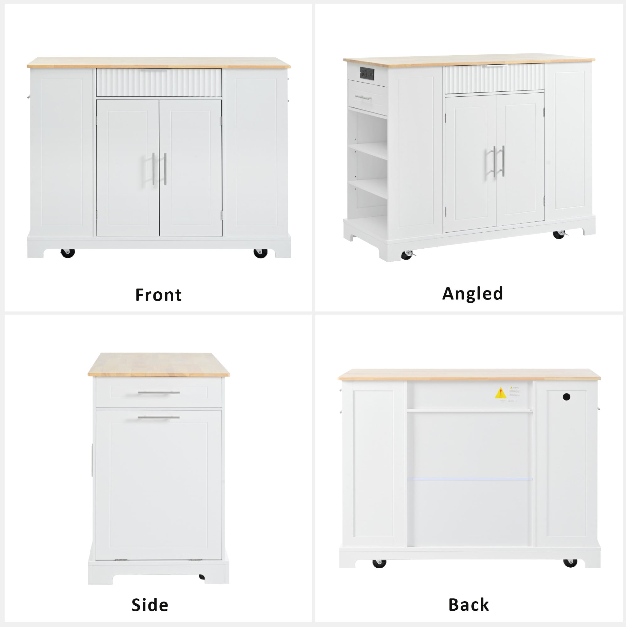 Yoneston Fluted Kitchen Island with Trash Can, Power Outlet, Wheeled Kitchen Trolley with Internal Storage Rack, 3 Drawer and 3 Open Side Racks for Kitchen, Dining Room, White