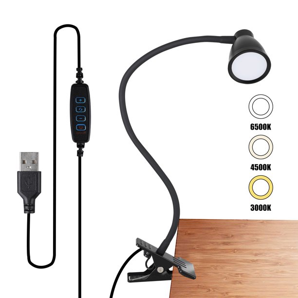 Clip on LED Desk Lamp with Clamp, Mini USB Table Lamp Adjustable 3 Lighting Modes and Dimmable 6