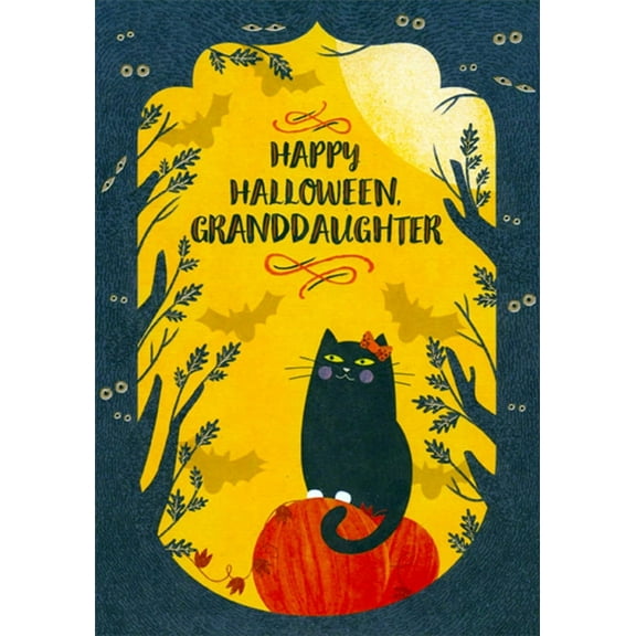 Designer Greetings Black Cat with Pink Bow : Spooky Eyes in Trees Juvenile Halloween Card for Pre-Teen Granddaughter