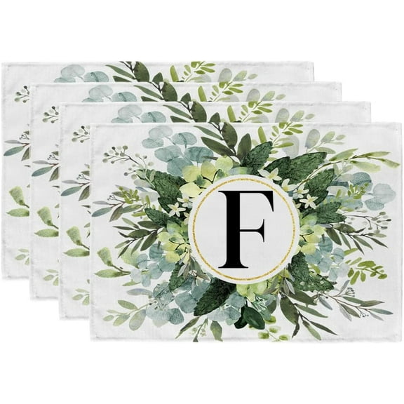 Monogram Letter F Placemats 12x18 Inch Set of 4 Eucalyptus Farmhouse Sping Summer Place Mats Rustic Holiday Kitchen Dining Decorations for Indoor Outdoor Dinner Party Décor GP038