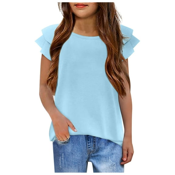 JIaleilei Girls' T Shirts Wavy Sleeves Summer Crew Neck Short Sleeve Tops Casual Fashion Plain T Shirt For Girls Teen Clothes Girls Trendy