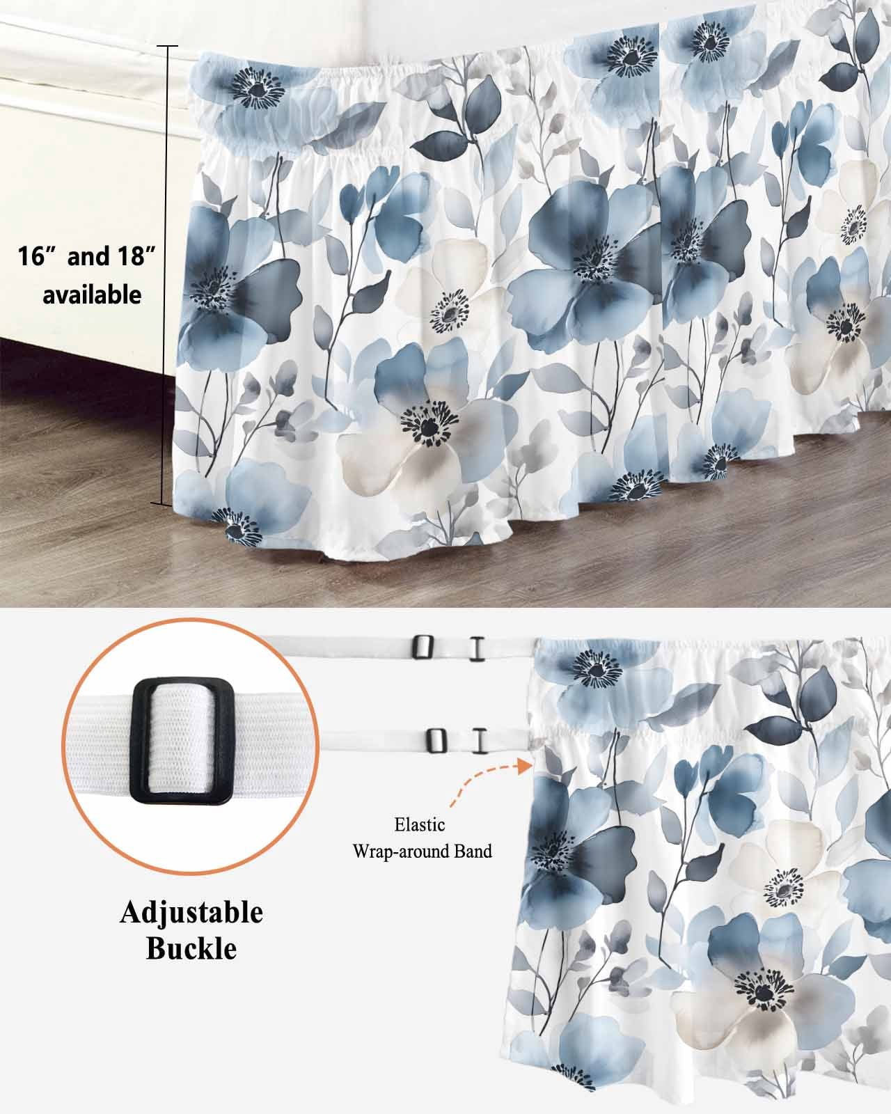 Vintage Blue Bed Skirt Queen Size 16 Inch Drop, Brown Watercolor Flowers Petals Abstract Art Wrap Around Dust Ruffle Bedskirts, Wrinkle & Fade Resistant Easy Fit Bedskirt with Adjustable Elastic
