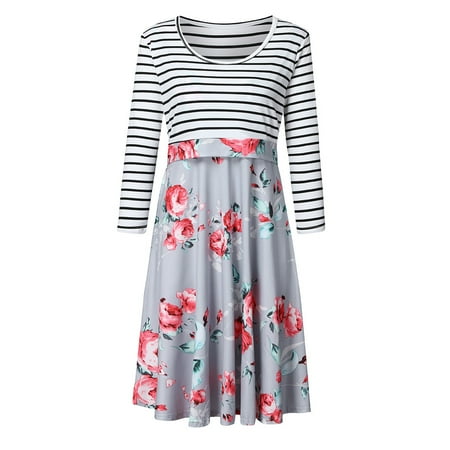 

Tangnade pregnant costumes for women maternity dress Women Pregnant Nusring Maternity Long Sleeve Print Floral Splicing Stripe Dress