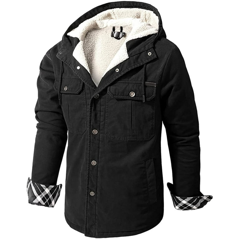 Men's Hooded Coat Casual Thicken Long Sleeve Plaid Work Flannel Button Down  Shirt Jacket 