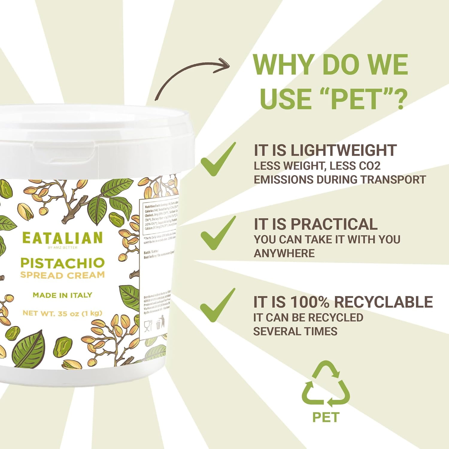 EATALIAN by AMZ BETTER Pistachio Cream, 2.2 lb/1000 g, Delicious Spreadable with a Sweet and Unique Taste, Ideal on Bread and with Ice Cream, Excellent for Dubai Chocolate, Made in Italy