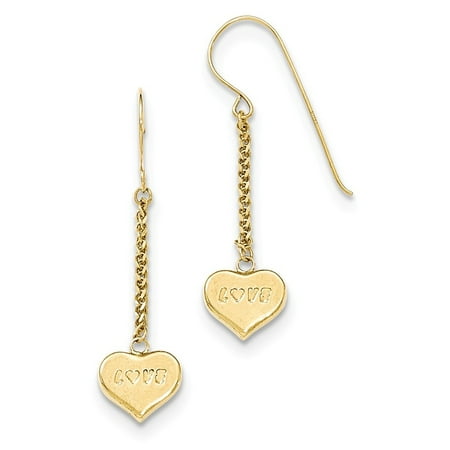 14K Yellow Gold Puffed Love Heart On Necklace Chain Dangle Earrings (38mm x 10mm)