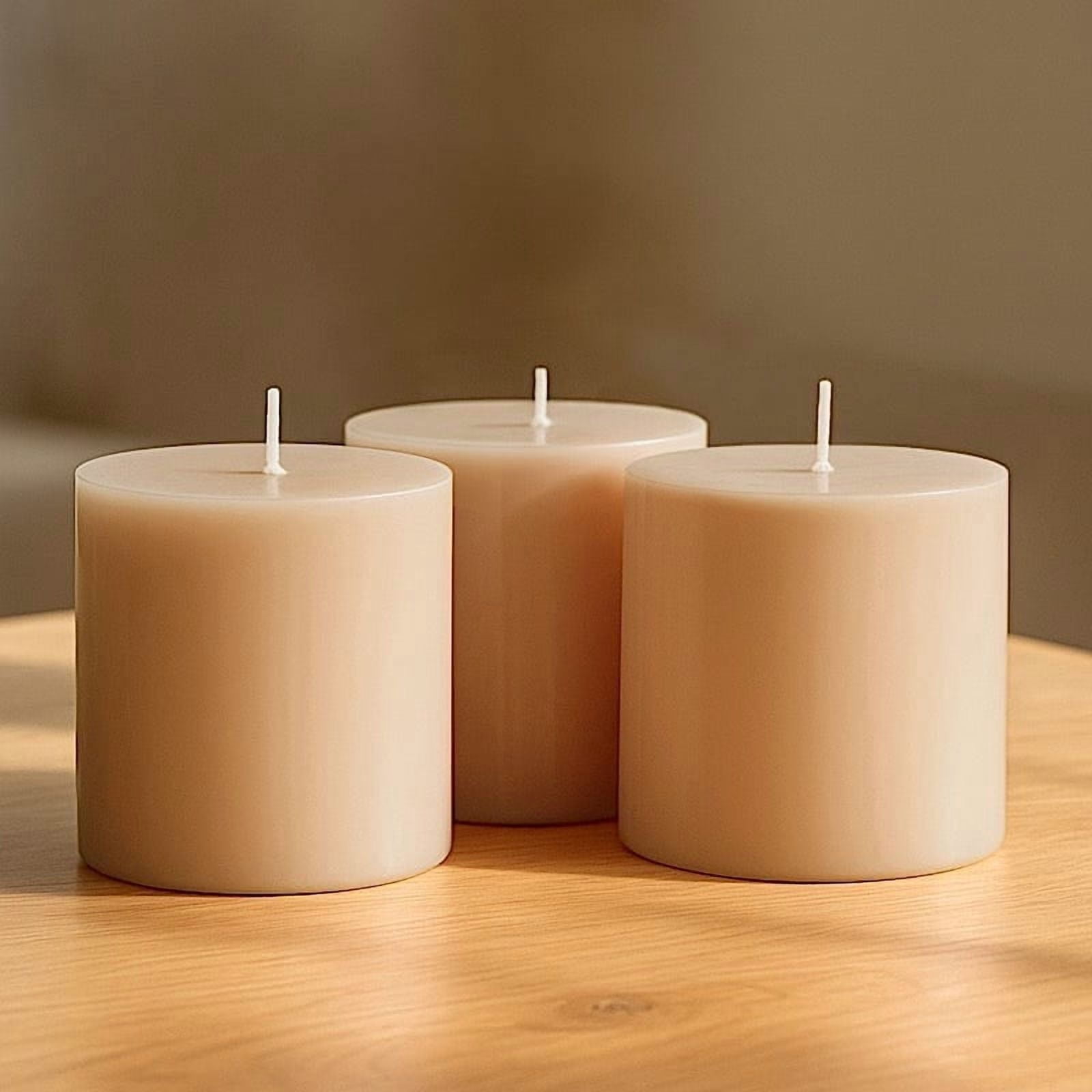 Balsa Circle 6 Beige 3x3 in Dripless Round Unscented Wax Pillar Candles Party Wedding Reception Centerpieces Event Home Decorations Supplies