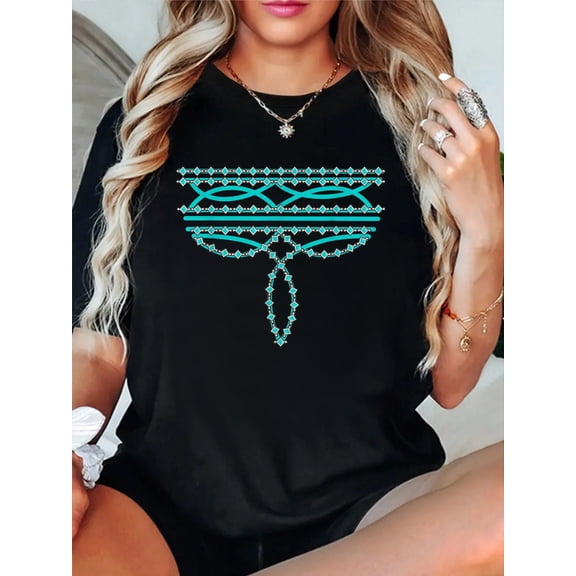 100% Cotton Turquoise Boot Stitch Western Boho Cowboy Cowgirl T-Shirt Print Round Neck Cotton T-Shirt, Summer Women's Tops, gift