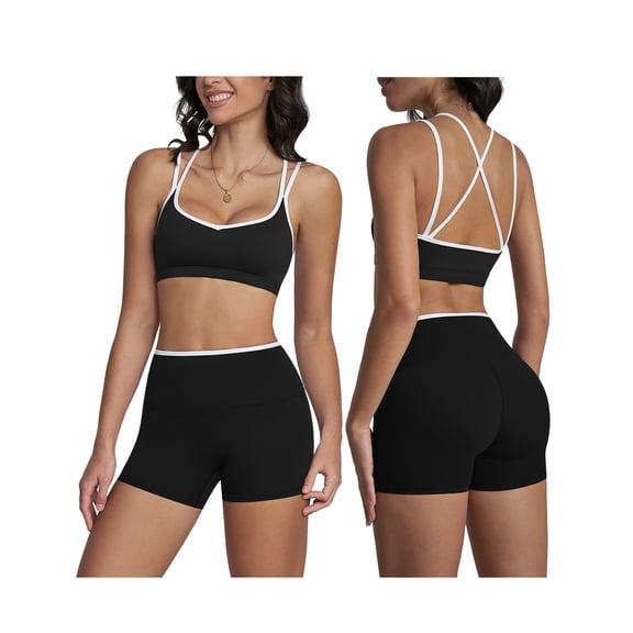 IDOPIP Workout Sets for Women 2 Piece Color Block Strappy Sports Bra High Waist Tummy Control Butt-lifting Biker Shorts Gym Yoga Pilates Outfits