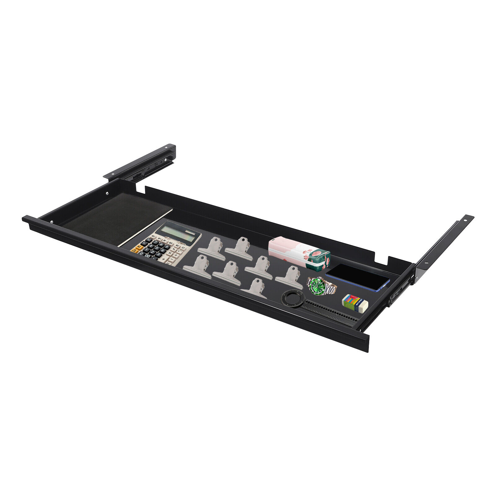 Under Desk Mounted Keyboard Tray Sliding Pull-out Storage Drawer Shelf Space Saver Black