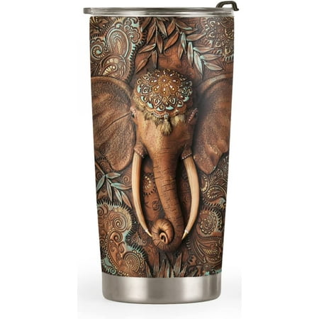 

20oz Elephant Gifts for Women Men Valentines Day Gifts for Her Him Couples Gifts Coffee Thermos for Women Animal Lovers Wooden Elephant Tumbler Cup Insulated Travel Coffee Mug with Lid