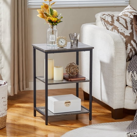 VECELO 3-Tier Side Table With Wood Storage Shelf, Industrial Nightstand Sofa End Table Storage Display Shelf for Living Room Bedroom Small Spaces, Dark Gray