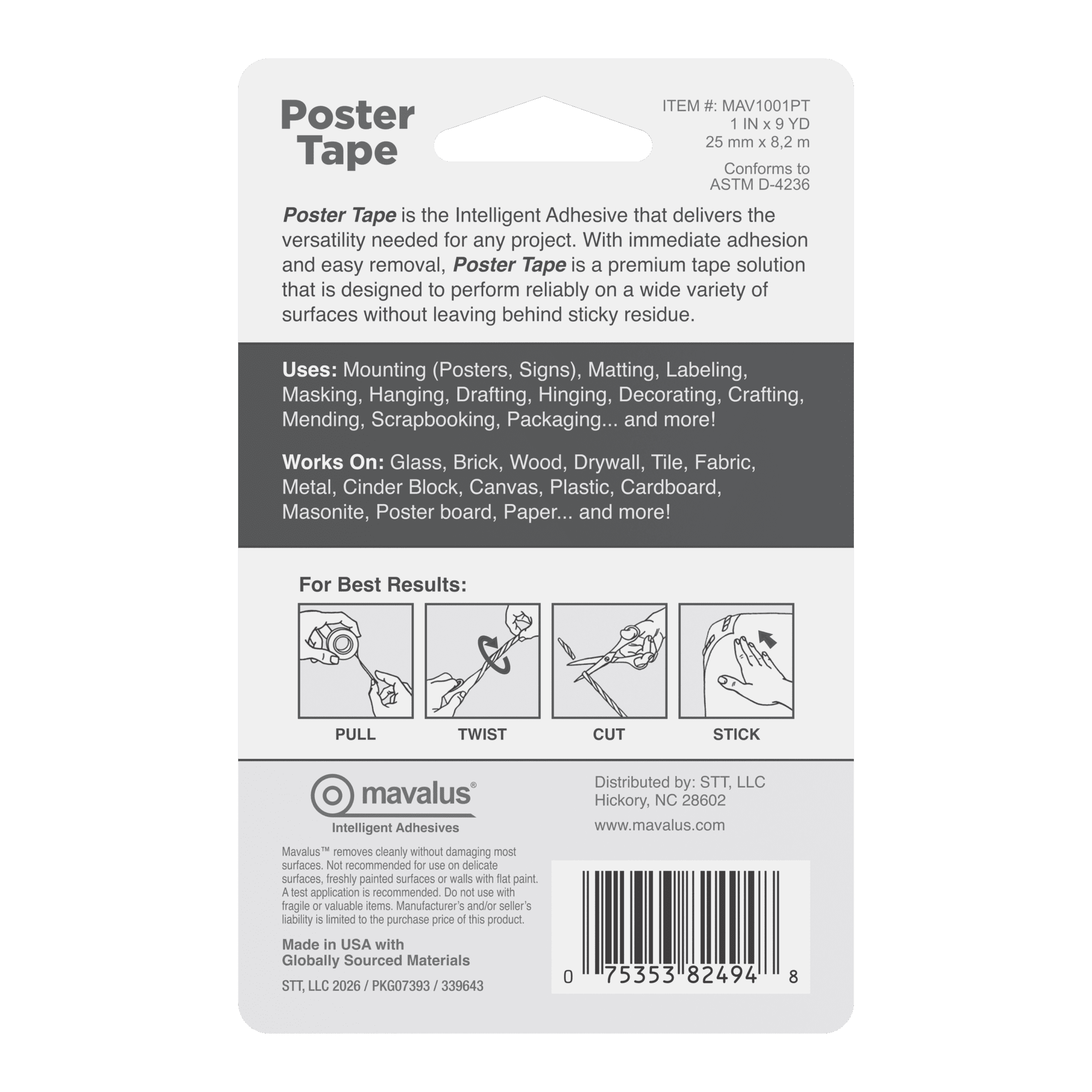 Mavalus Double-Sided Poster Tape, 1 in. x 9 yd.