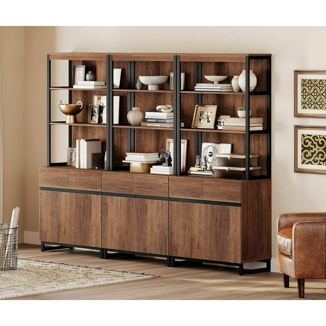 WAMPAT Modern Bookcases Set of 3, 72 Inch Tall Bookshelves with Storage Cabinet, Adjustable Shelves & Metal Frame, Home Office Library for Living Room, Brown