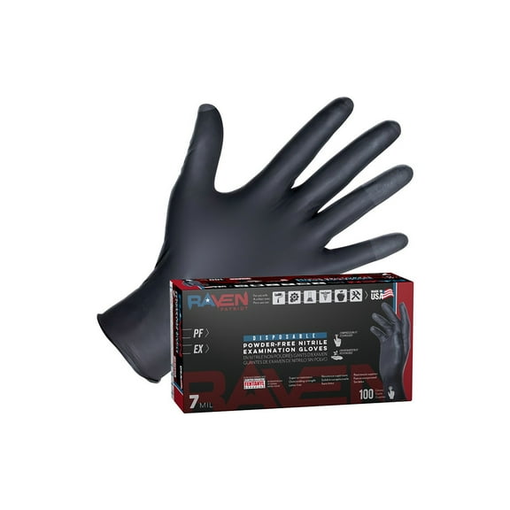 RAVEN Patriot 66484, 7 mil Nitrile Exam Grade Gloves, Powder Free, Size XL, 100/Box