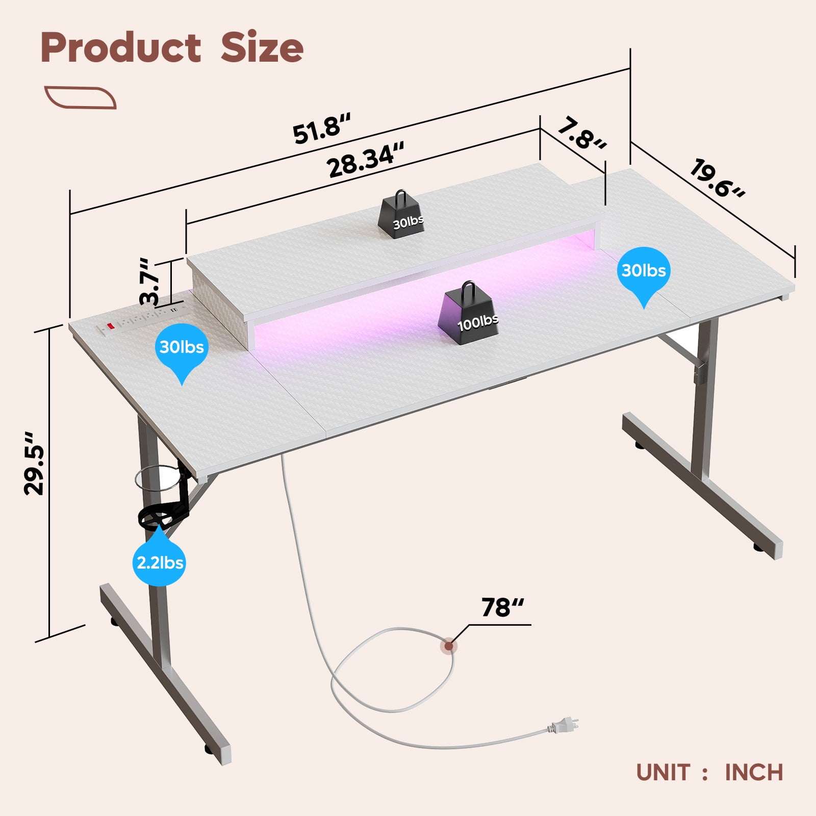 Bestier 52 inch Gaming Desk with Power Strip and LED Monitor Stand for Home Office, Carbon Fiber White